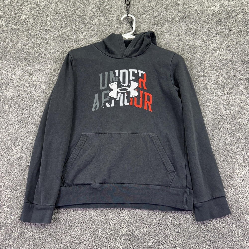 Under Armour Hoodie Boys Large Black Fleece Pullover Graphic Logo Kangaroo